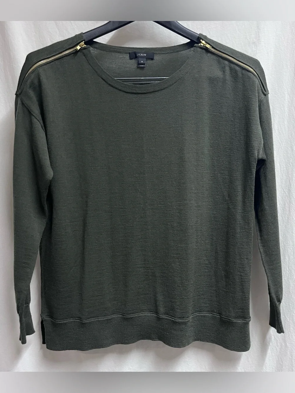 J.Crew Womens Green 100% Merino Wool Zipper Shoulder Crewneck Sweater Size S